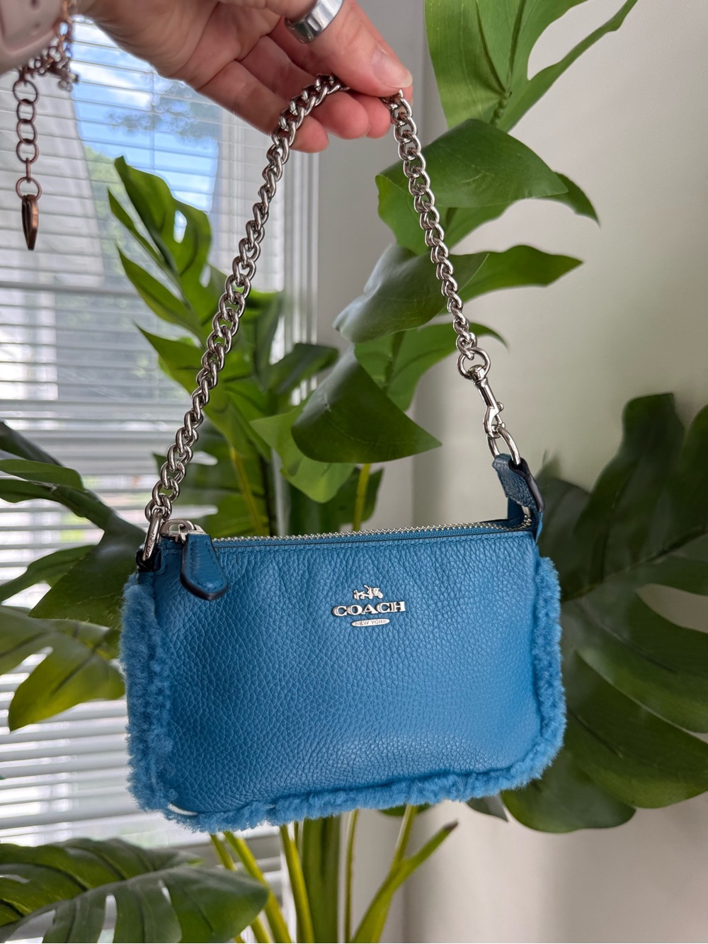 Coach Teal Pebbled Leather Mini Wristlet with Shearling Trim